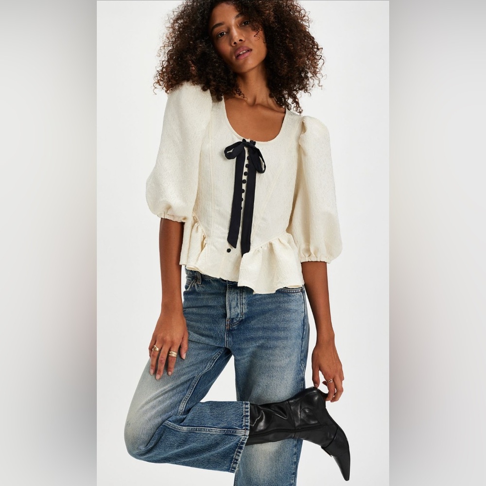 Free People Cream Textured Puff-Sleeve Peplum Blouse with Black Ribbon